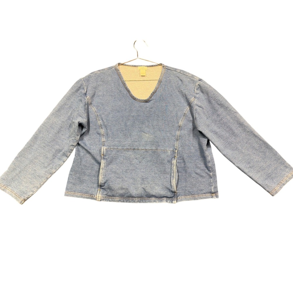 J. Jill Sweatshirt Womens L Blue Denim Look Stretch Scoop Neck Kangaroo Pocket